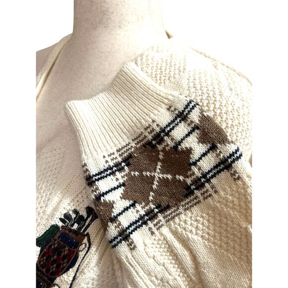 Vtg Embroidered 100% Cotton Golf Knit Cardigan Sweater XL Preppy Academia 80's - Picture 9 of 10